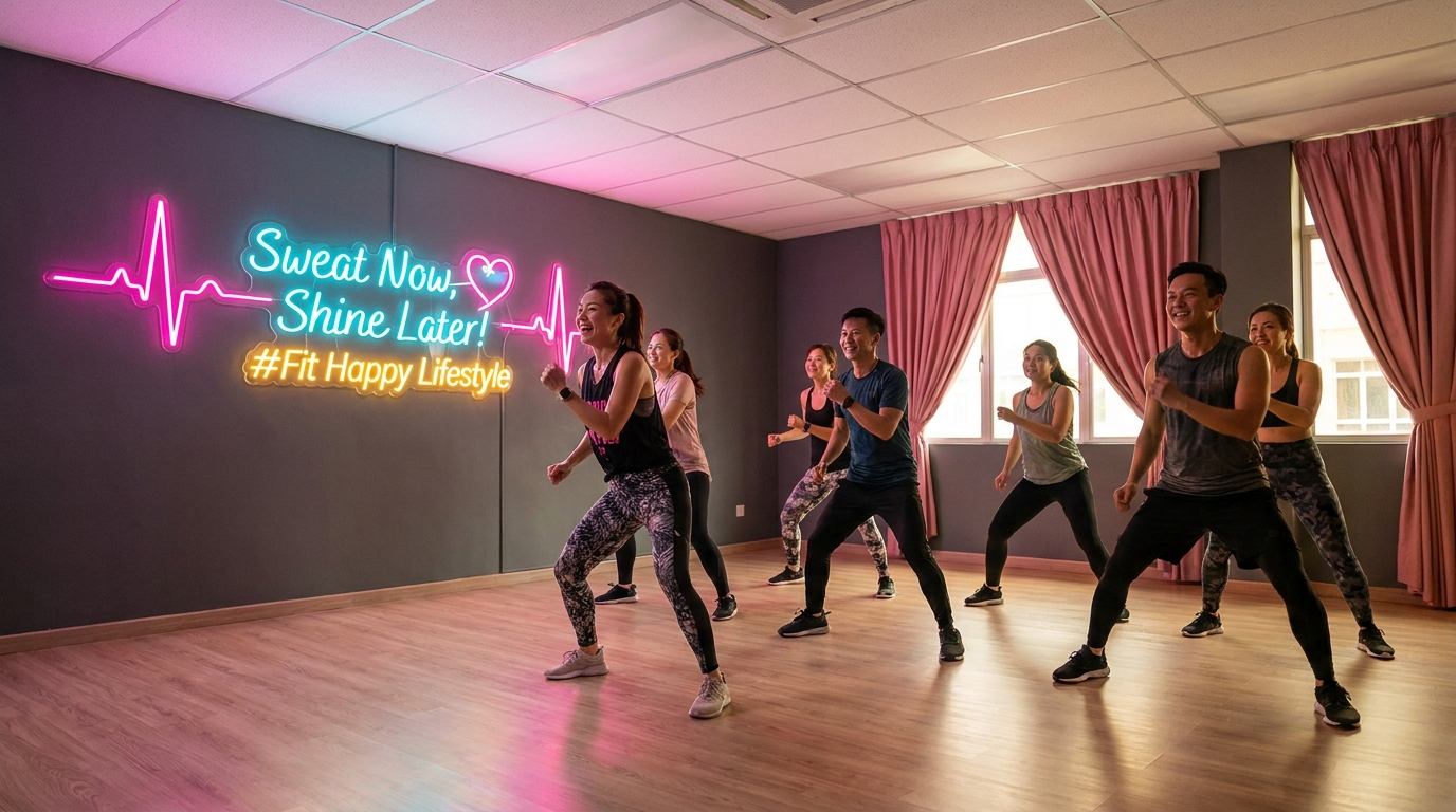 Zumba dance fitness class in action — group of women dancing Latin rhythms at Meet In Studio, Kuala Lumpur